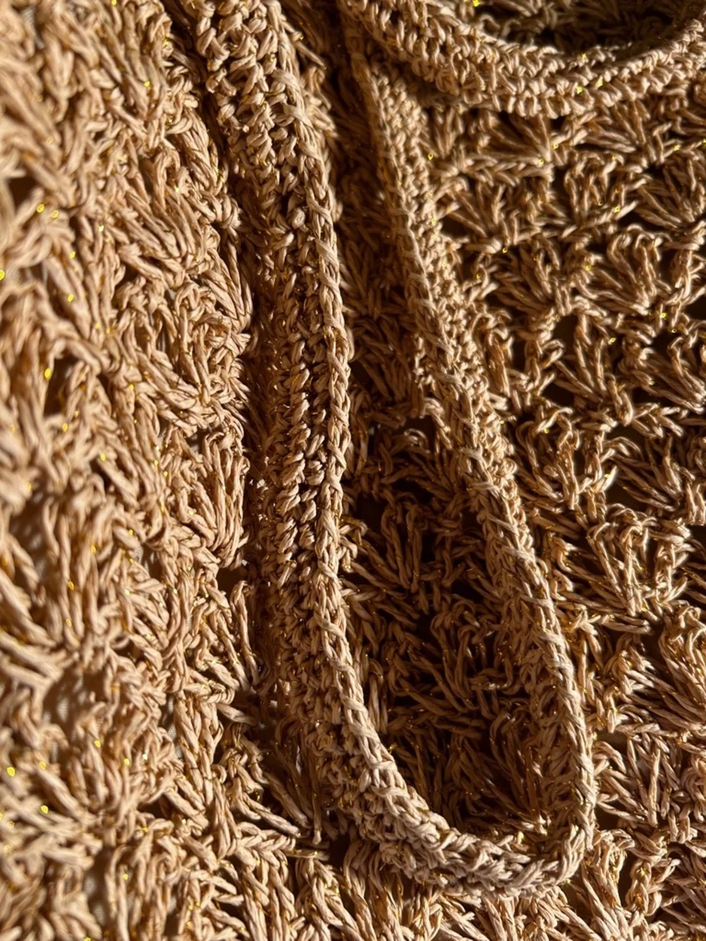 Xhilaration Crochet Raffia & Gold Metallic Tote Bag Boho Travel Beach Cottage